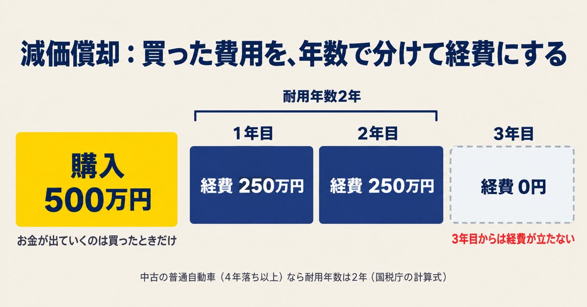 減価償却の図。500万円で購入した資産を、耐用年数2年で1年目250万円・2年目250万円の経費にする